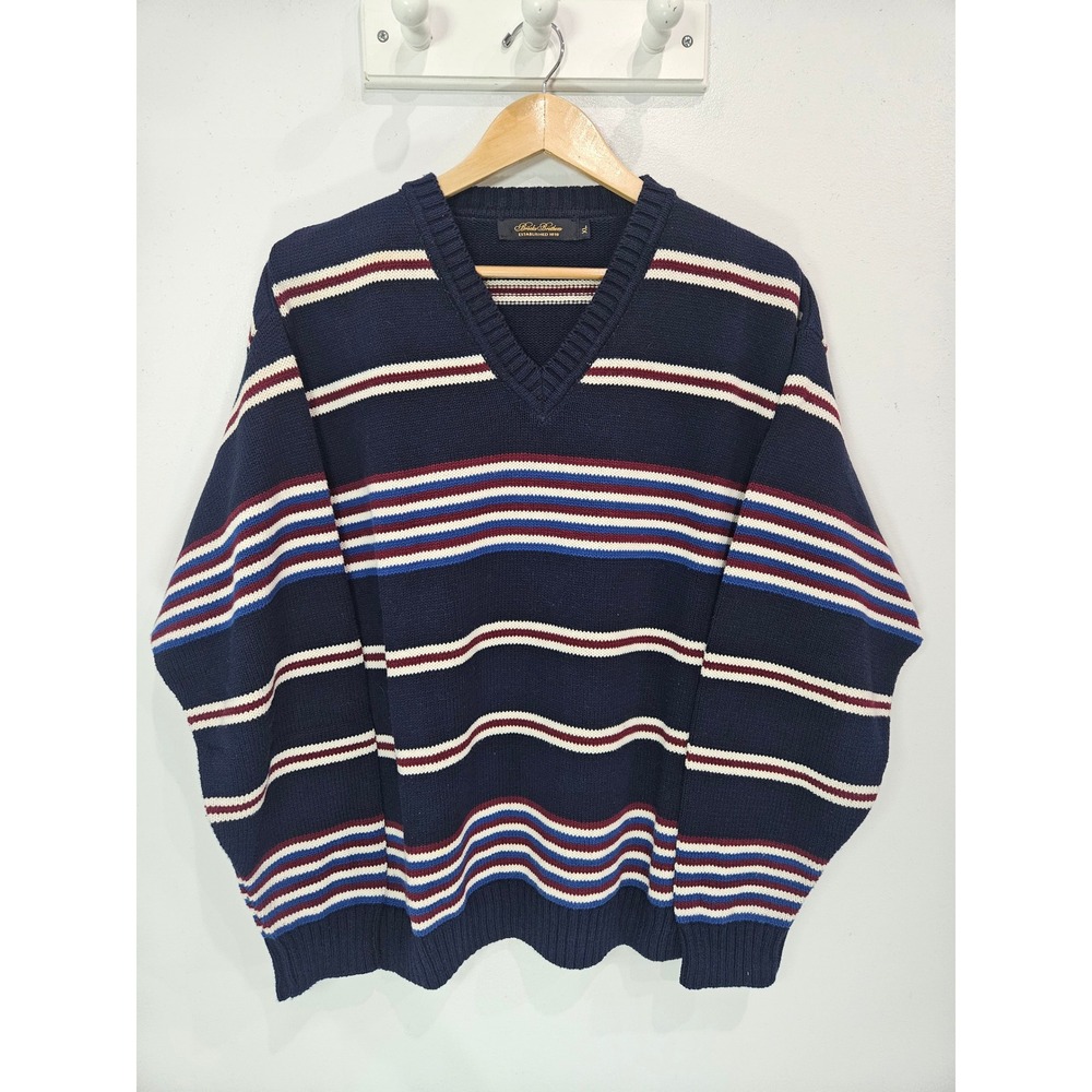 Brooks Brothers Mens XL V-Neck Sweater Navy Blue Striped 100% Cotton Made in USA